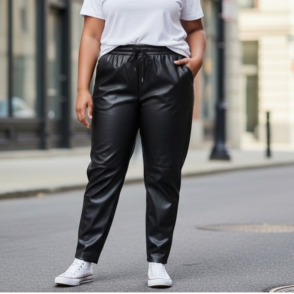 Simply Be Women Black Faux Leather Jogger Pants Drawstring Plus Size 22